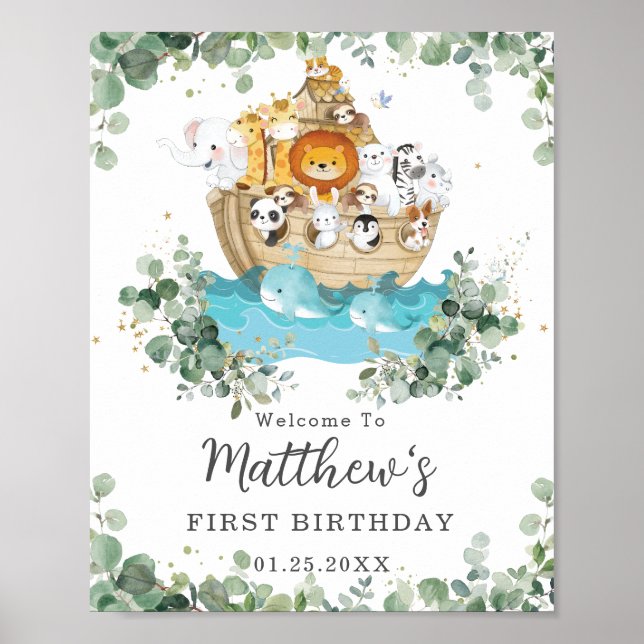 Cute Animals Noah's Ark Greenery Birthday Welcome Poster (Front)