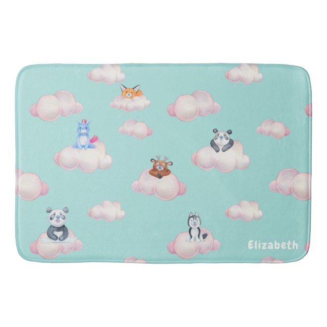 Cute Animals On Clouds Monogram Bath Mat (Front)