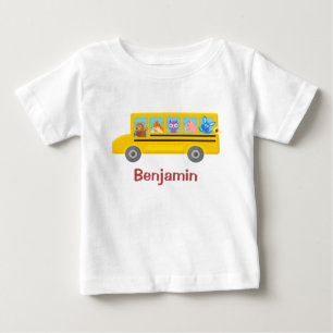 Cute Animals on the School Bus   Personalised Name Baby T-Shirt