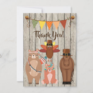 Cute Animals, Pilgrims Indians Thanksgiving Flat Thank You Card