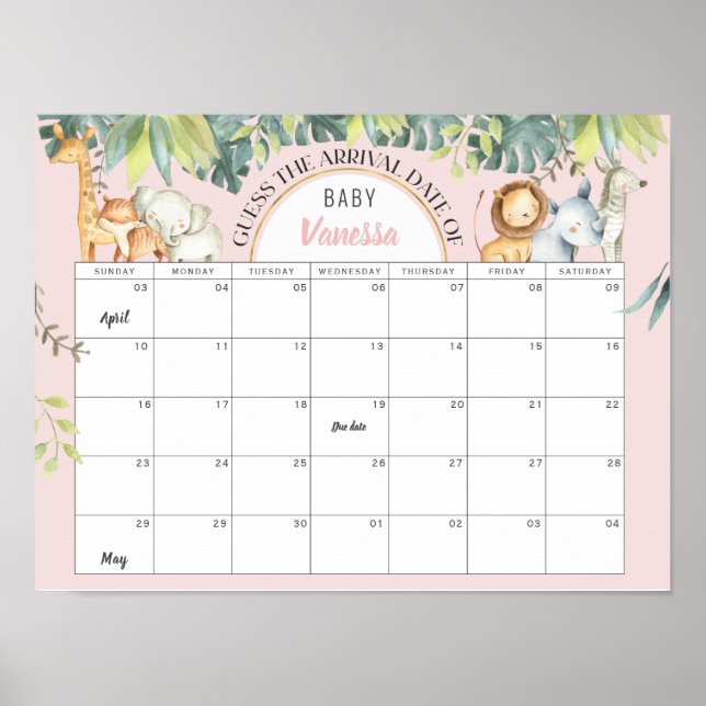 Cute animals pink jungle girl baby shower game poster (Front)