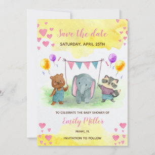 Cute animals pink yellow baby shower save the date