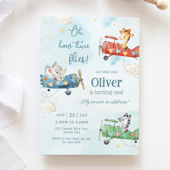 Cute Animals Plane Adventure Time Flies Birthday Invitation (Creator Uploaded)