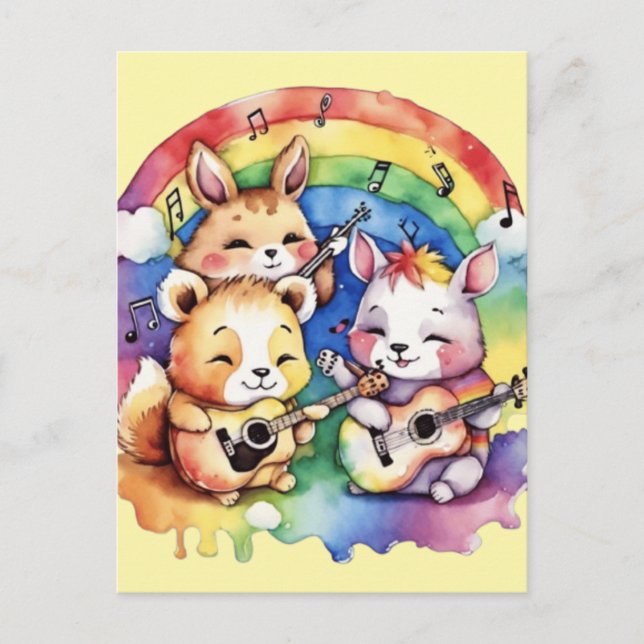 Cute animals playing music in the rainbow postcard (Front)
