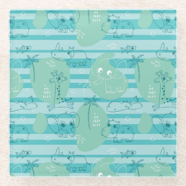 Cute animals playing with water 1 glass coaster (Front)