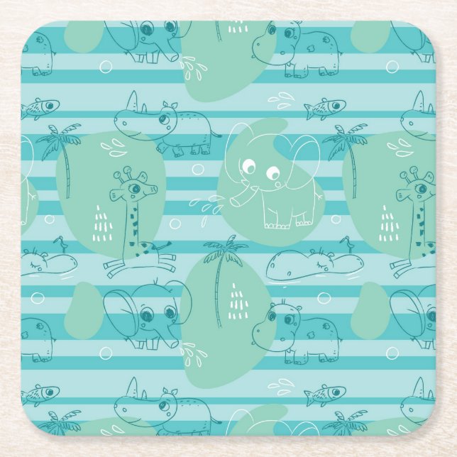 Cute animals playing with water 1 square paper coaster (Front)