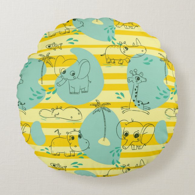 Cute animals playing with water 2 round cushion (Front)