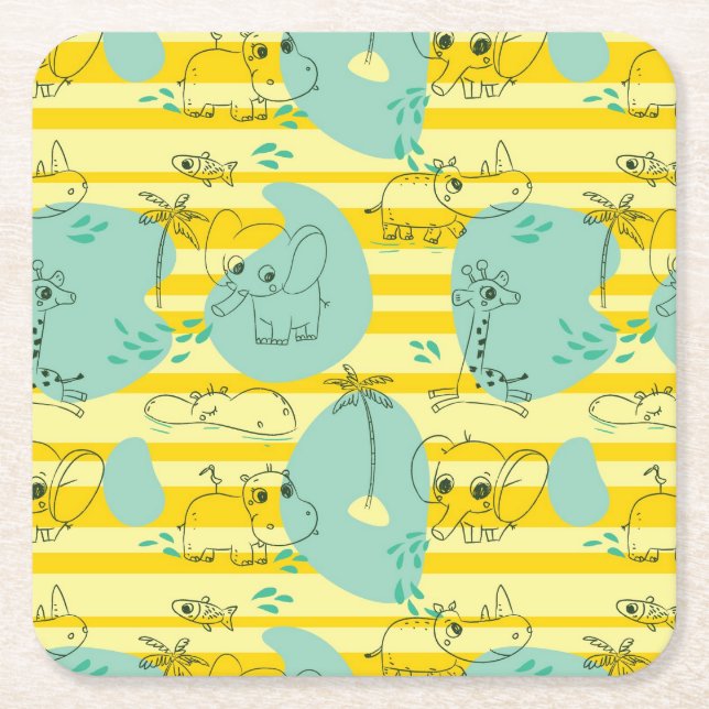 Cute animals playing with water 2 square paper coaster (Front)
