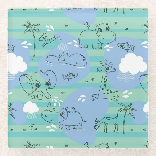 Cute animals playing with water 3 glass coaster (Front)