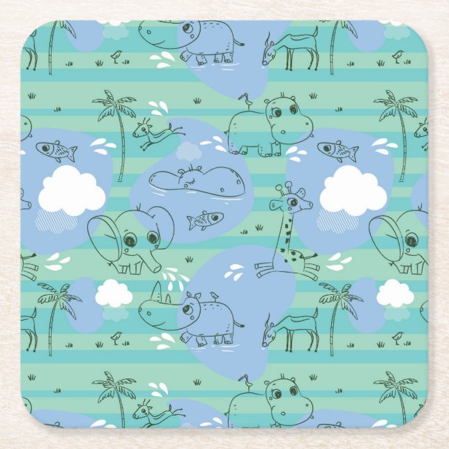 Cute animals playing with water 3 square paper coaster (Front)