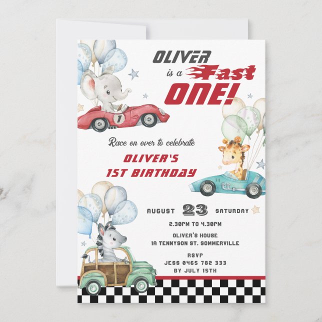 Cute Animals Race Cars 1st Birthday Fast ONE Invitation (Front)