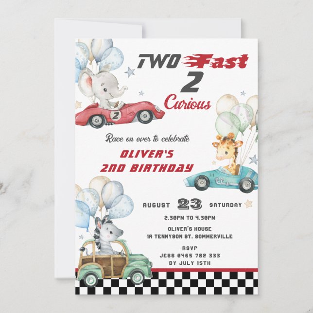 Cute Animals Race Cars 2nd Birthday Two Fast Invitation (Front)
