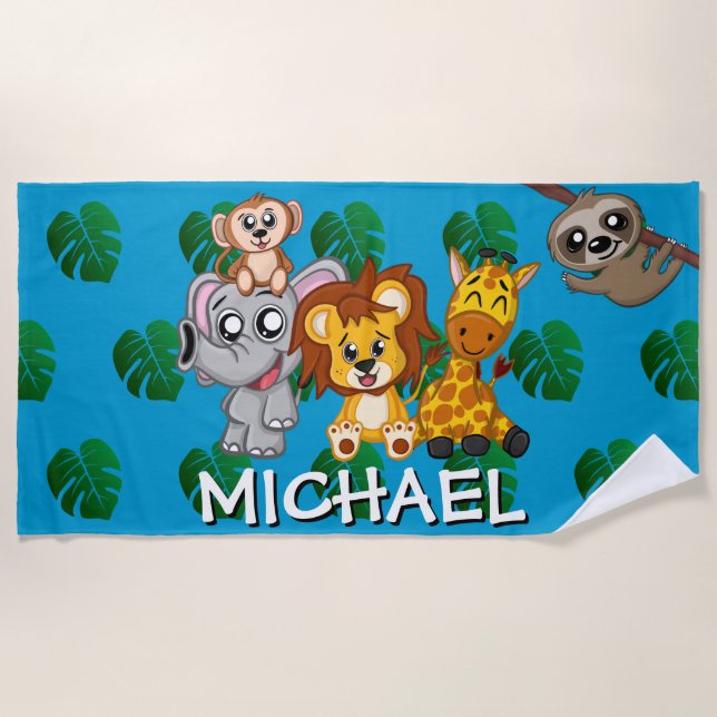 Cute Animals Safari Cartoon Jungle Name Blue Beach Towel (Front)