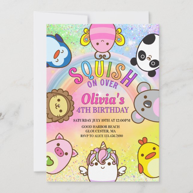  Cute animals Squish Girl Birthday party Invitation (Front)