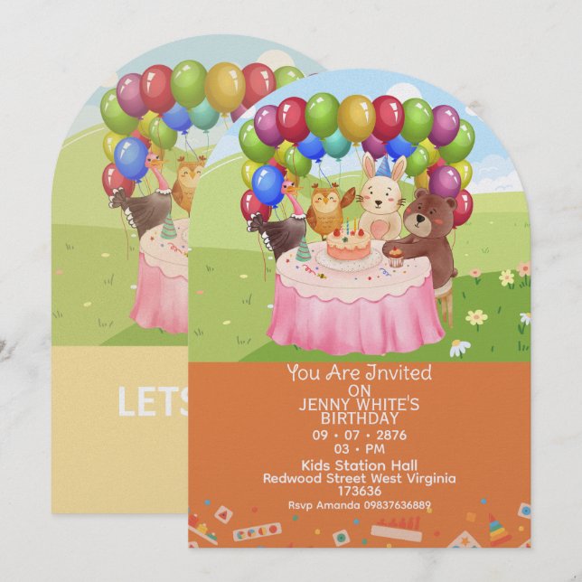 Cute Animals Themed kids Birthday Invitation  (Front/Back)