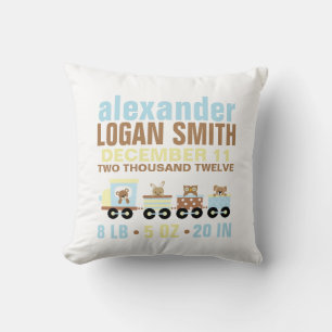 Cute Animals Toy Train Birth Announcement Cushion