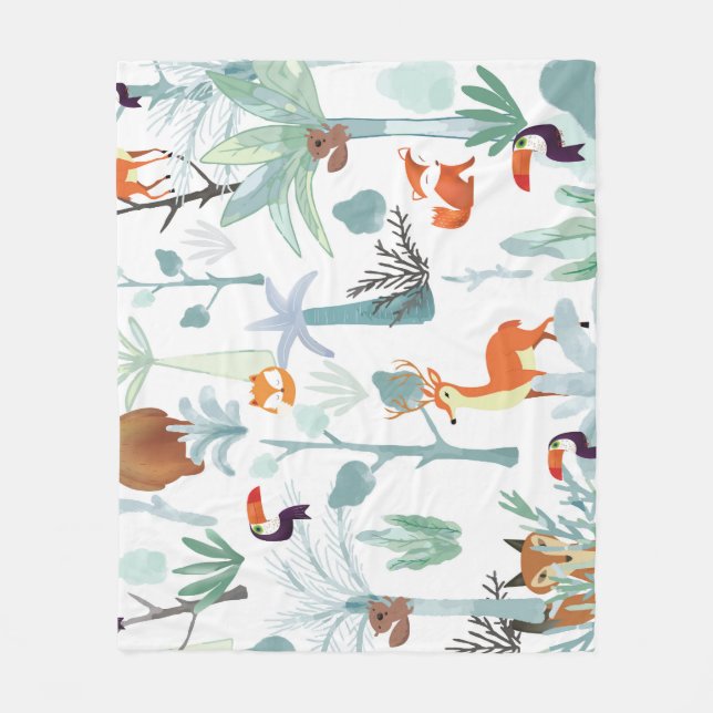 Cute animals: tropical forest doodle. fleece blanket (Front)
