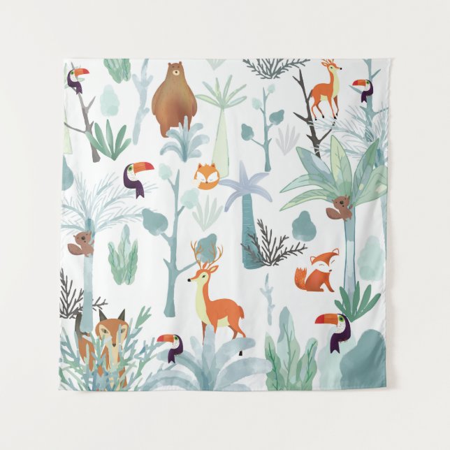 Cute animals: tropical forest doodle. tapestry (Front)