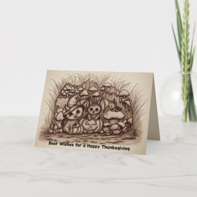 Cute Animals waiting for Thanksgiving Card (Front)