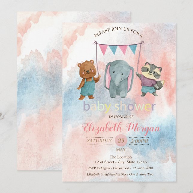 Cute Animals, Watercolor Baby Shower Invitation (Front/Back)