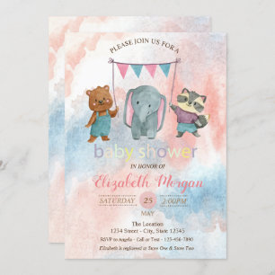 Cute Animals, Watercolor Baby Shower Invitation