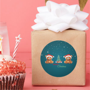 Cute animals winter Bear Santa Christmas tree Classic Round Sticker