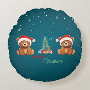 Cute animals winter Bear Santa Christmas tree Round Cushion