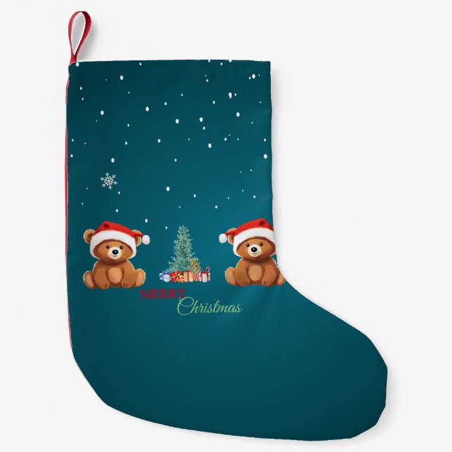 Cute animals winter Bear Santa Christmas tree Small Christmas Stocking (Front)