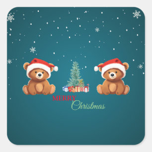 Cute animals winter Bear Santa Christmas tree Square Sticker