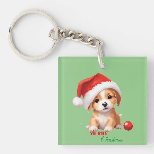 Cute animals winter puppy Dog Santa Christmas  Key Ring (Front)
