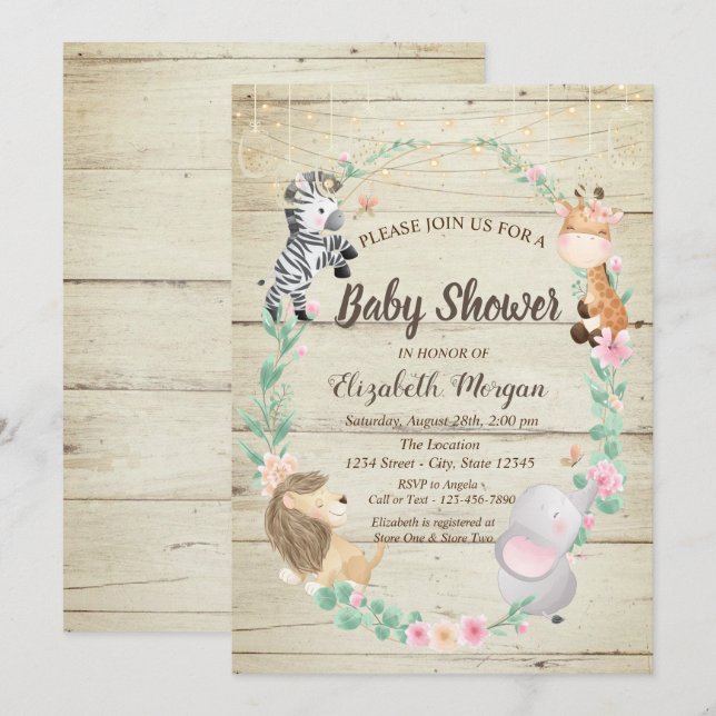 Cute Animals Wood Texture Baby Shower Invitation (Front/Back)