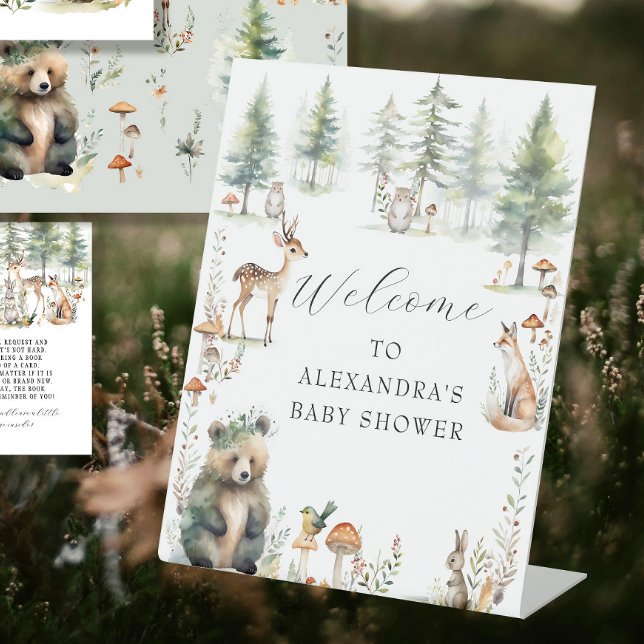 Cute Animals Woodland Forest Bear Deer Baby Shower Pedestal Sign (Creator Uploaded)