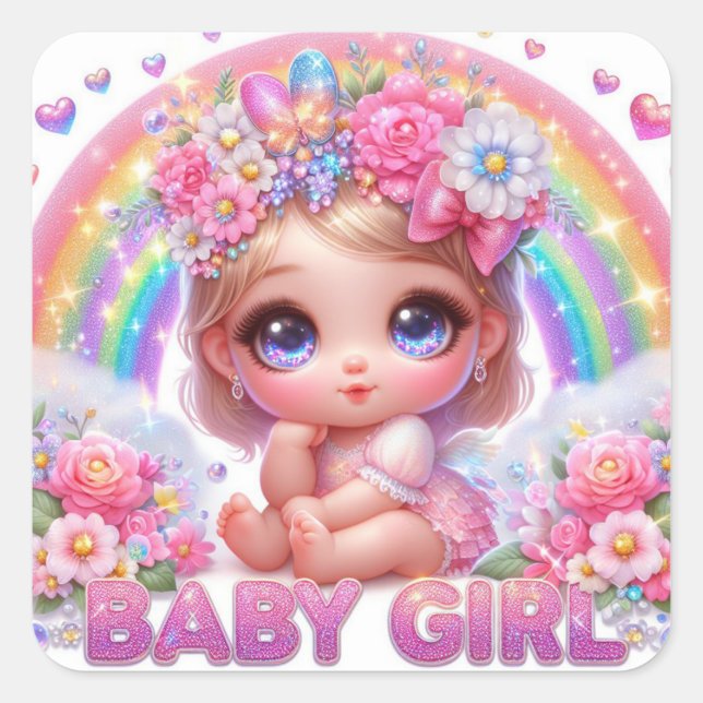 Cute Animated Baby Girl  Square Sticker (Front)