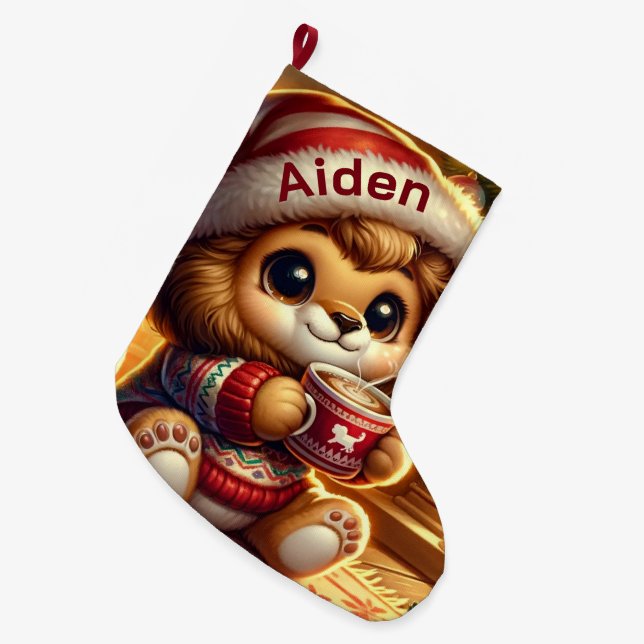 Cute Animated Christmas Lion  Large Christmas Stocking (Front (Hanging))