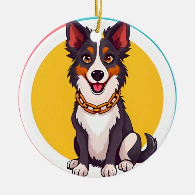 Cute Animated Dog with Collar Ceramic Tree Decoration (Front)