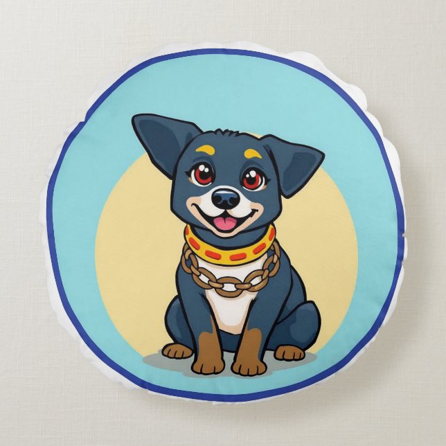Cute Animated Dog with Collar Round Cushion (Front)