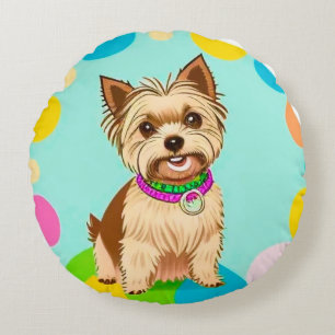 Cute Animated Dog with Collar Round Cushion