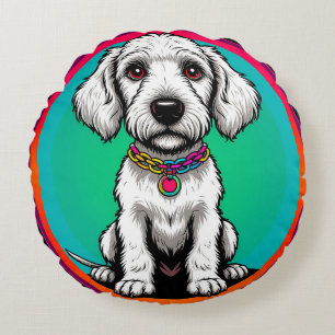 Cute Animated Dog with Collar Round Cushion