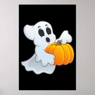 Cute animated Ghost with Pumpkin Poster