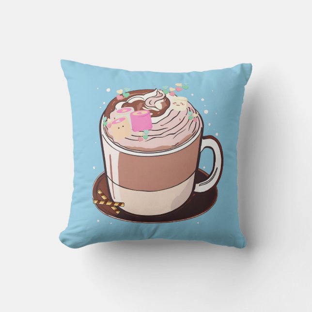 Cute Animated Hot Chocolate Marshmallows Cartoon Cushion (Front)