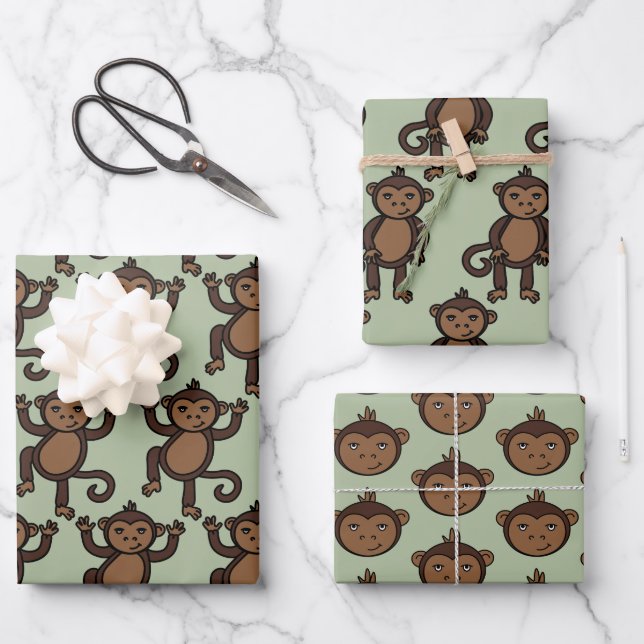 Cute Animated Monkey Designer Print Kids Wrapping Paper Sheet (Front)