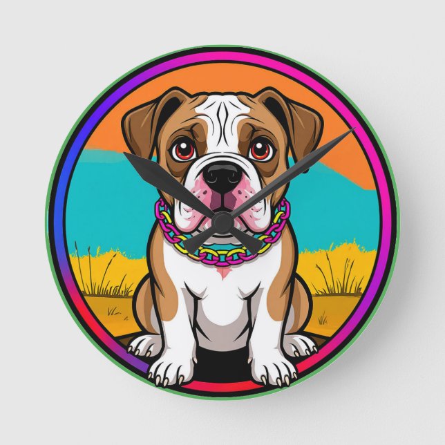 Cute Animated Puppy with Collar Round Clock (Front)