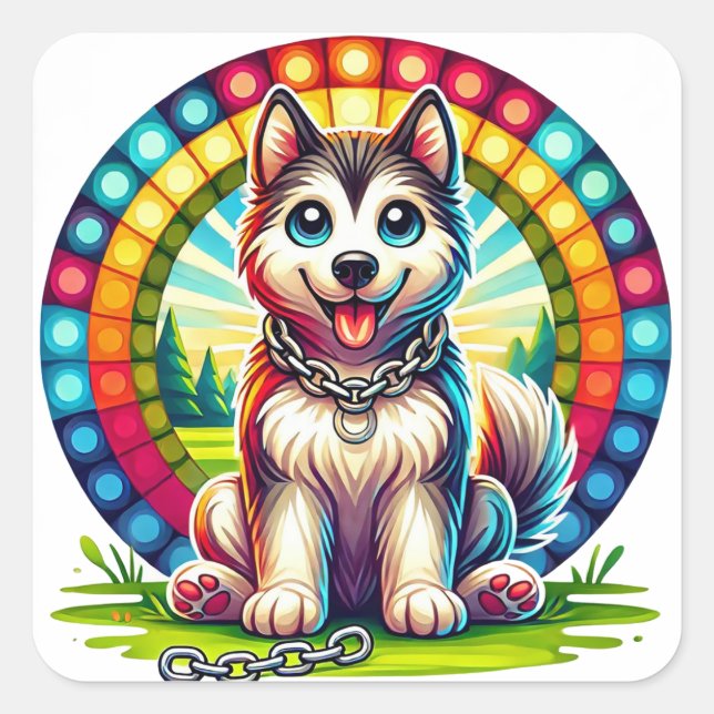 Cute Animated Puppy with Collar Square Sticker (Front)