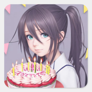 Cute Anime Birthday Girl Square Sticker