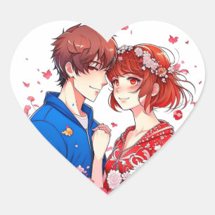 Cute Anime Boy and Girl Cuddling Heart Sticker