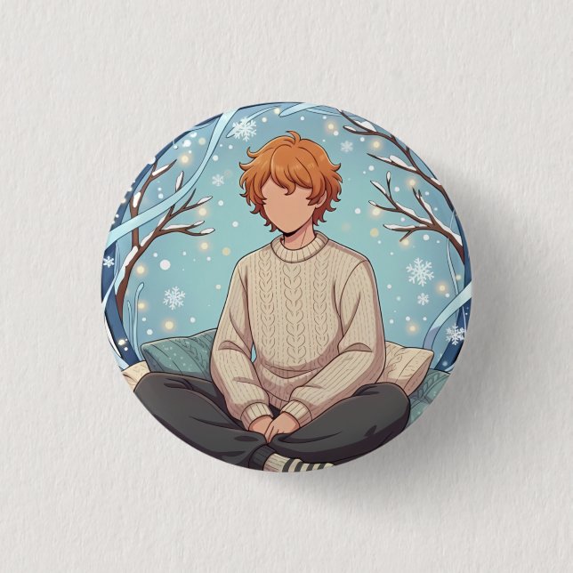 Cute Anime Boy Drinking Coffee in Winter 3 Cm Round Badge (Front)