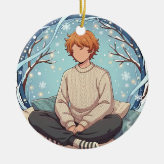 Cute Anime Boy Drinking Coffee in Winter Ceramic Tree Decoration