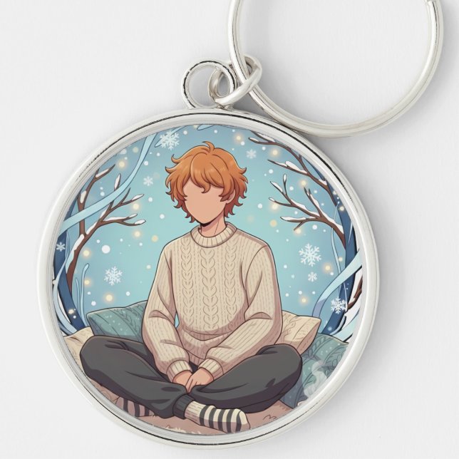 Cute Anime Boy Drinking Coffee in Winter Key Ring (Front)