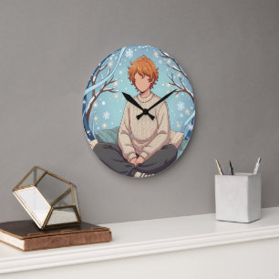 Cute Anime Boy Drinking Coffee in Winter Large Clock