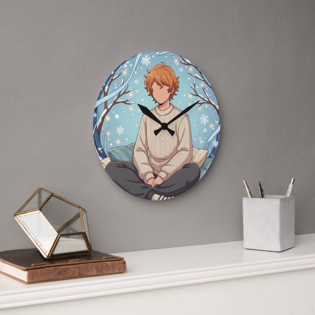 Cute Anime Boy Drinking Coffee in Winter Large Clock (Office)
